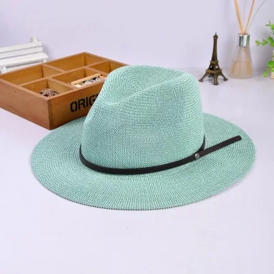 Новые одноцветные соломенные шляпы с пряжкой на ремне дышащие унисекс широкополый козырек шляпа Женская соломенный джазовый шляпы летняя пляжная шляпа - Цвет: Green
