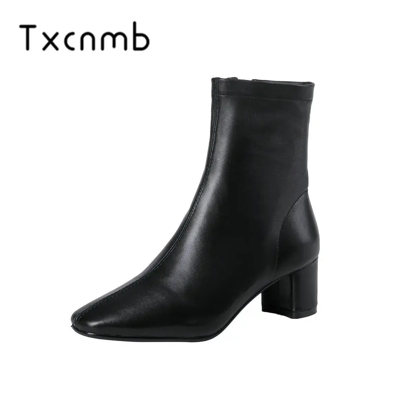 

TXCNMB Fashion Women Ankle Boots Genuine Leather Round Toe High Heels Shoes Autumn Winter Warm Top Quality Shoes Woman