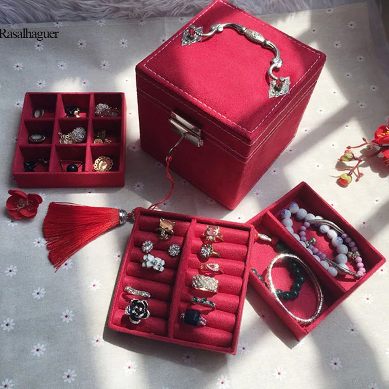 

Portable velvet jewelry box Three-layers small jewelry box Birthday gift jewelry storage jewelry Box Wholesale