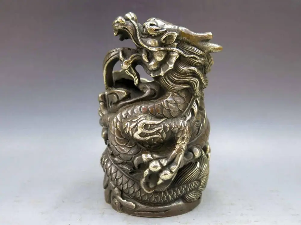 

China Brass Copper Animal Dragon Statue pen container pencil vase brush pot