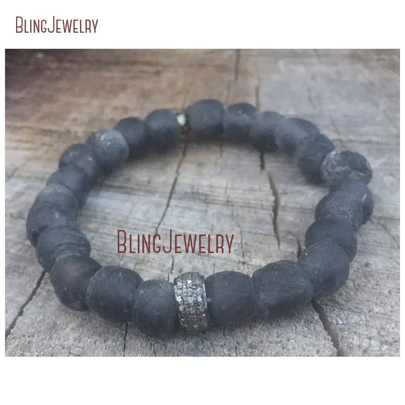 20180321-BM10798-Vintage Recycled African Trade Glass Tribal Paired With Genuine Pave Diamonds Sterling Silver Zen Yoga Boho Festival Stone Stack Bracelet_4