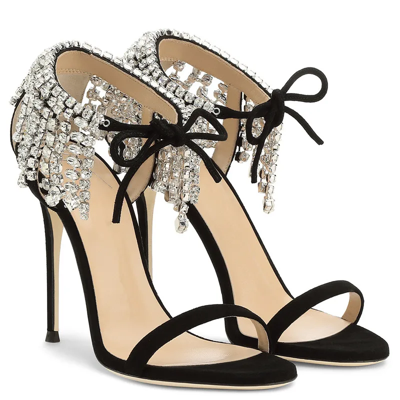 

2018 Summer new European style simple suede word with shiny rhinestones, including hollow stiletto high heel sandals size 32-42