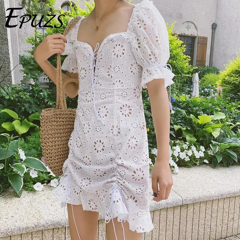 

2019 vintage chic embroidery white dress women summer sexy lace up mini dress ruffles party dresses korean elegant vestidos