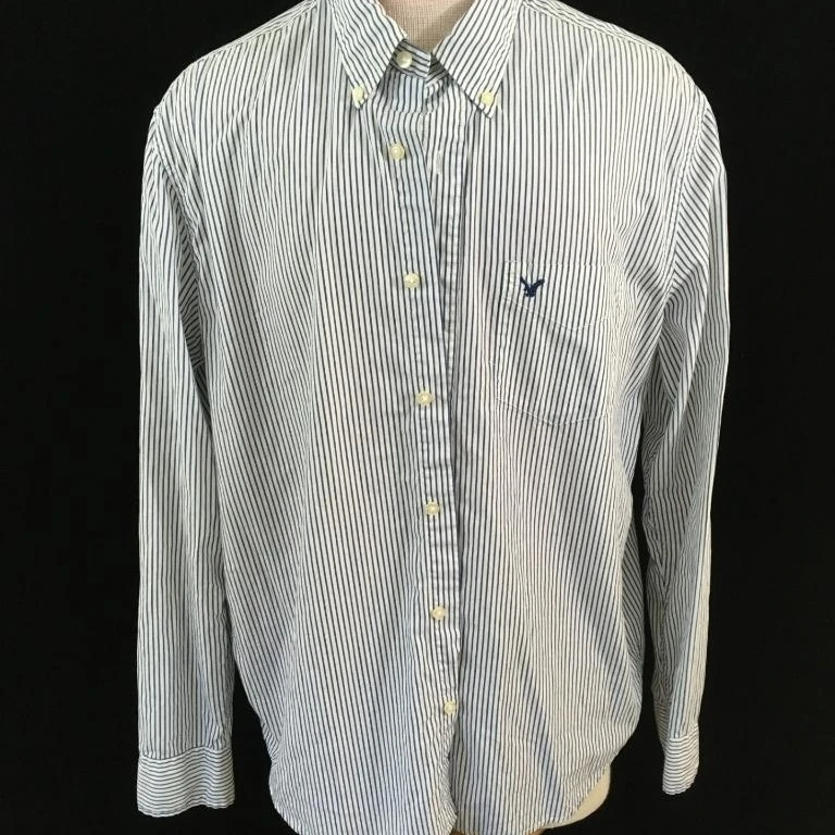 American Eagle mens shirt button long sleeve Size L white blue striped