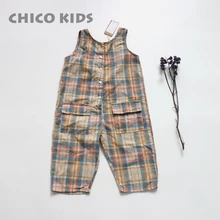 Детское клетчатое хлопчатобумажное белье без рукавов цельный комбинезон Детский комбинезон в Корейском стиле с v-образным вырезом с большим карманом