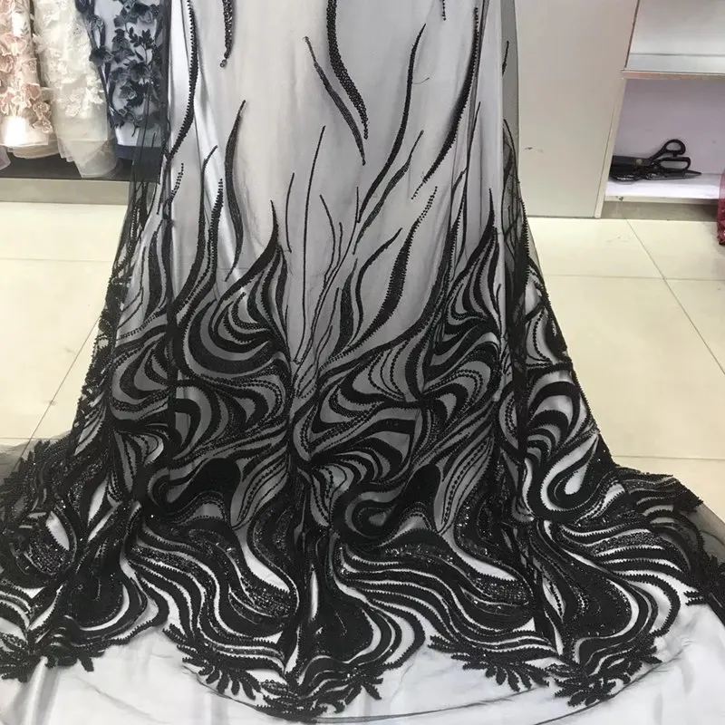 

black beaded lace fabric luxury tulle embroidery french net lace fabric with sequins for party dress Top quality IG373