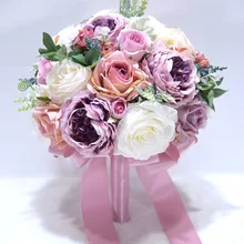 AYiCuthia Romantic Bridal Flowers Wedding Bouquet With Ribbon Artificial Pink Bridal Accessories Wedding Flowers S150