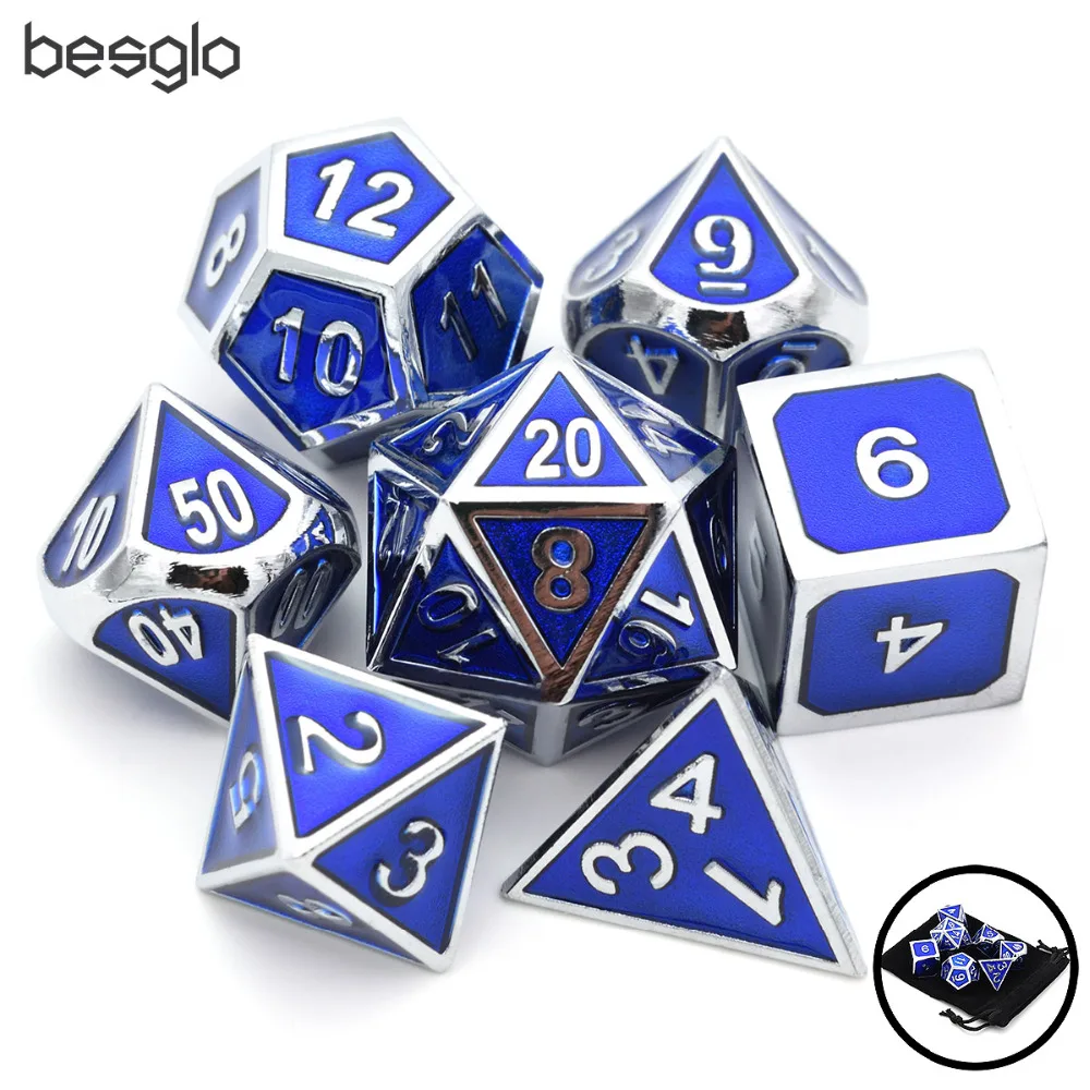 

7pcs/set Blue Metal Dice Set D&D Dice with Velvet Pouch D20 D12 D10 D% D8 D6 D4 for Dungeons and Dragons DND RPG MTG Table Games