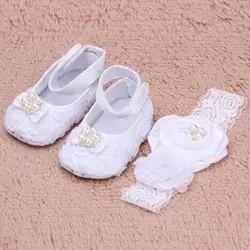 Цветок принцесса обувь + жемчужное оголовье Обувь для младенцев Обувь для малышей Белый для маленьких девочек белые розы и жемчужины Обувь