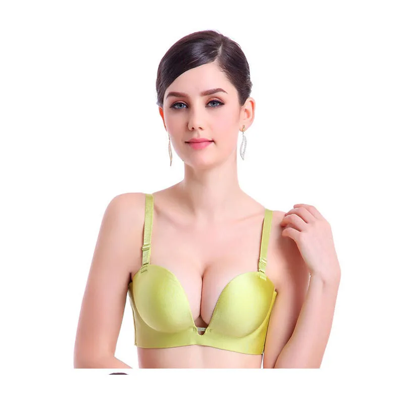 2016 New Fashion Sexy Bra Front Deep U Plunge Shaped Bra LowCut Halter