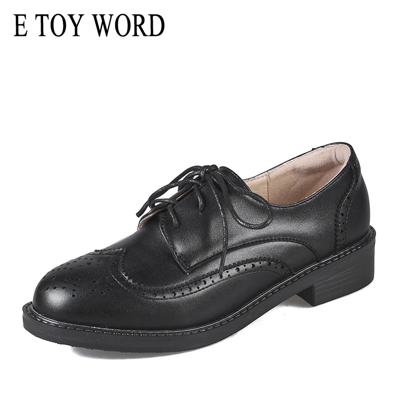 

E TOY WORD Leather Shoes Female Bullock Oxford Women Shoes womens black work shoes 2019 New Women flat Shoes Lace Up British