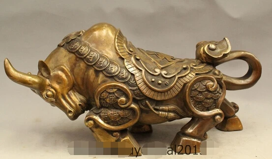 

wholesale factory 20" Chinese Bronze Zodiac Year Folk Cattle Bull Oxen Wealth Money Coins Statue