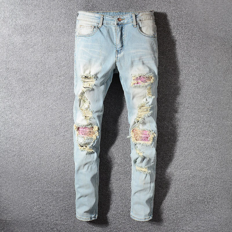 

Fashion Streetwear Men Jeans Retro Light Blue Washed Slim Fit Elastic Ripped Jeans Men Patchwork Destroyed Pants Hip Hop Jeans