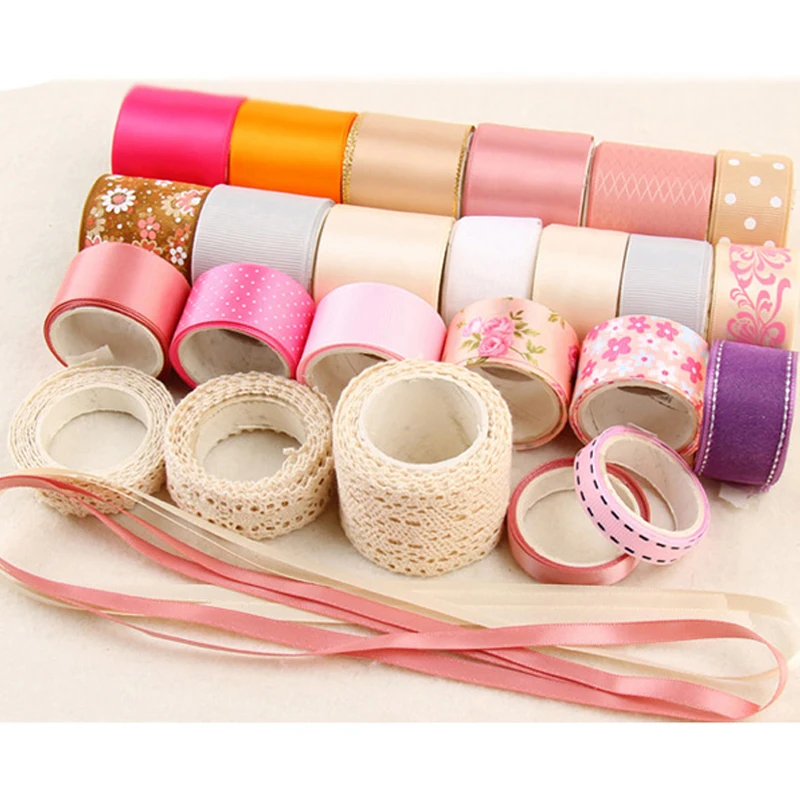 

High Quality Sweet Pink Ribbon Set DIY Material Accessories kit Bow Hairpin Cotton Lace Printed Satin Ribbon Set .D238