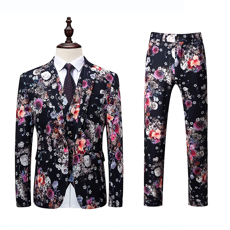 3piece Suit Men Korean Fashion Men Floral Suits Slim Fit Night Club/Prom/Party/Gentlemen Dress Suits For Men Clothes 2019 6XL-M