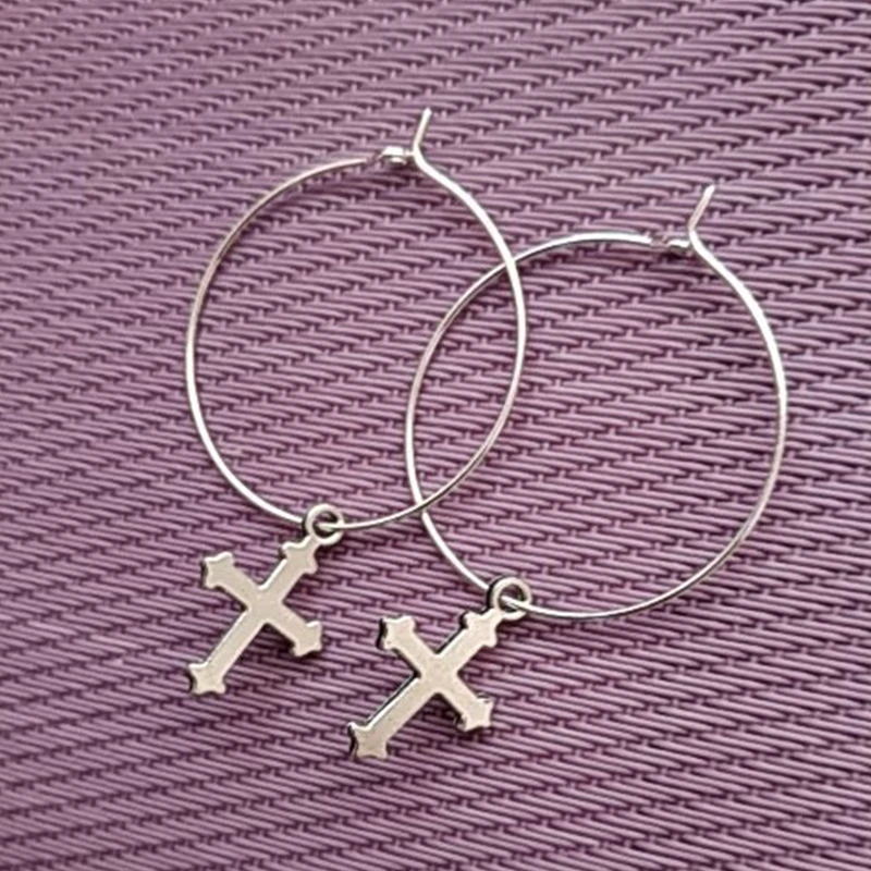 Минималистичные маленькие серьги-кольца серебряного цвета с подвеской в виде креста, женские винтажные серьги-кольца в виде креста, ювелирные изделия для ушей, подарок на праздник