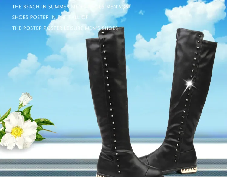 Высокие сапоги принцессы черные кожаные сапоги выше колена для больших девочек, Botas с заклепками на квадратном каблуке, новинка года, модная обувь, 26-37