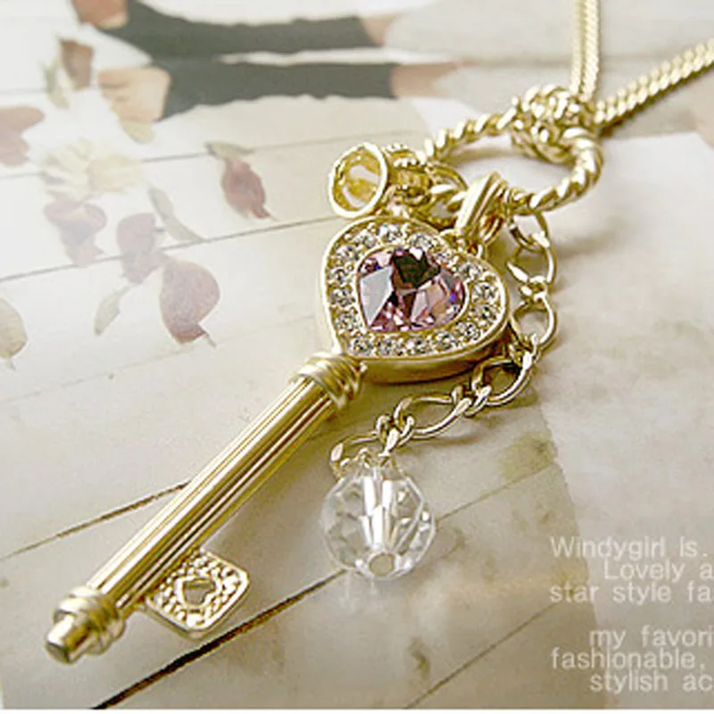 Модный свитер с надписью «Love» Pandent ожерелье Кристалл Циркон Длинная Золотая Корона ключ ожерелье для женщин милая Подвеска для девочек подарок