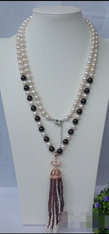 

NEW 003526 40" natural white FW Pearl &Garnet necklace-zircon pendant