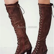 Botas Mujer; коллекция года; Винтажная обувь; женские сапоги для верховой езды; не сужающийся книзу массивный каблук; перекрестная шнуровка; высокие ботинки гладиаторские кожаные сапоги до колена