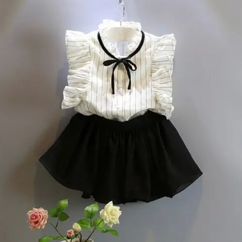 2PCS Set Girls Dress Kids Baby girl striped sleeveless Tops+ solid Skirt Outfits Clothes set