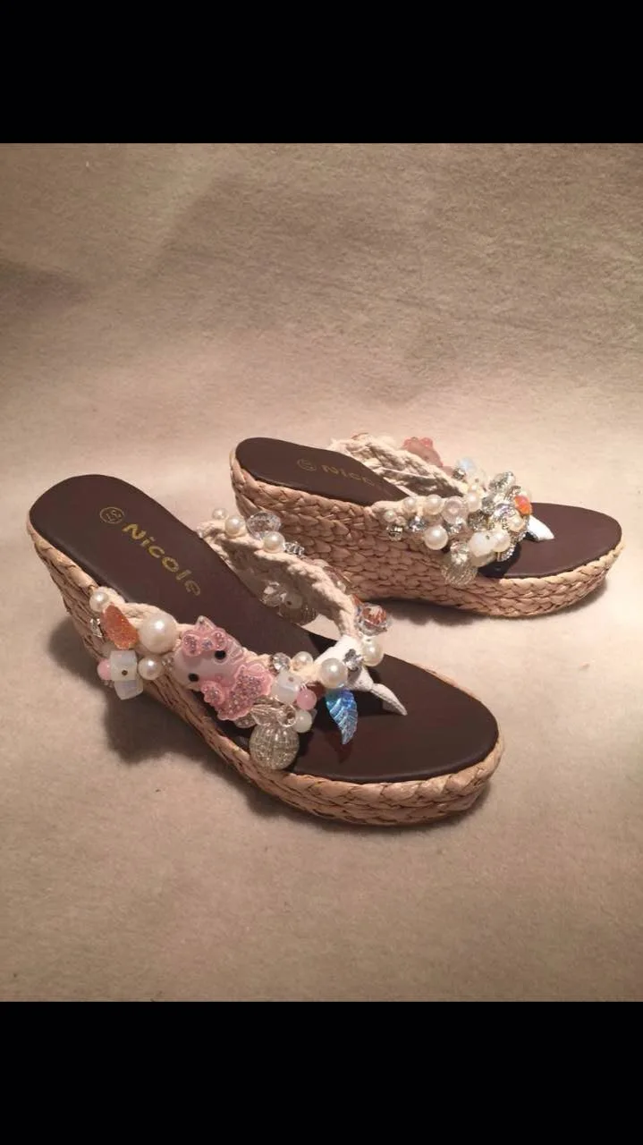 2015 New Summer High Heel Sandals Women Wedges Flip Flops Lovely KT Handmade Size 35-39 | Обувь