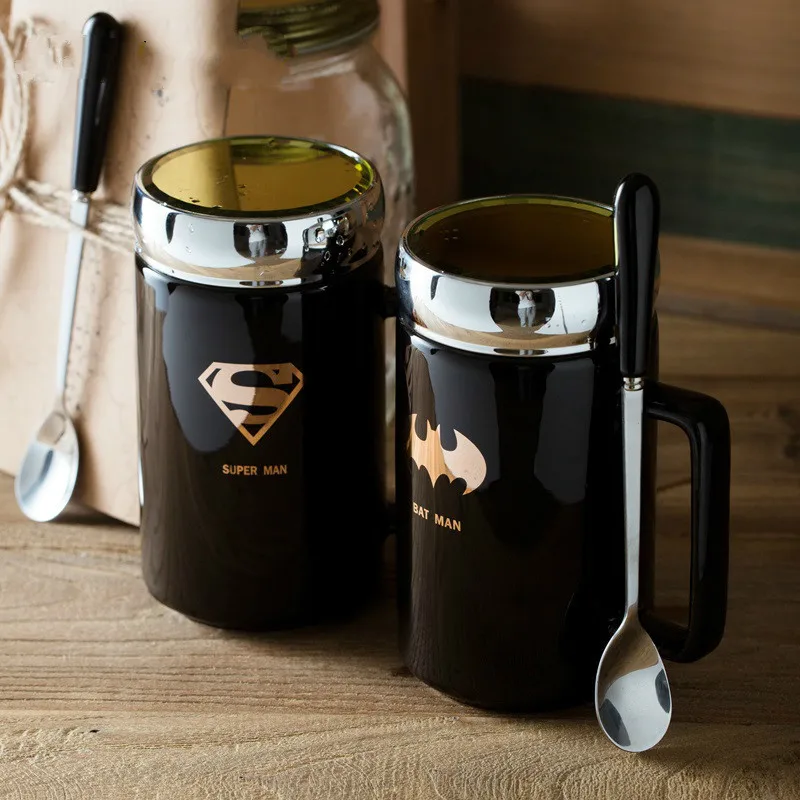 

Creative Cool Avengers Justice League Milk Coffee Mug With Lid And Spoon Superman Spiderman Batman Mug High Quality Ceramic Cup