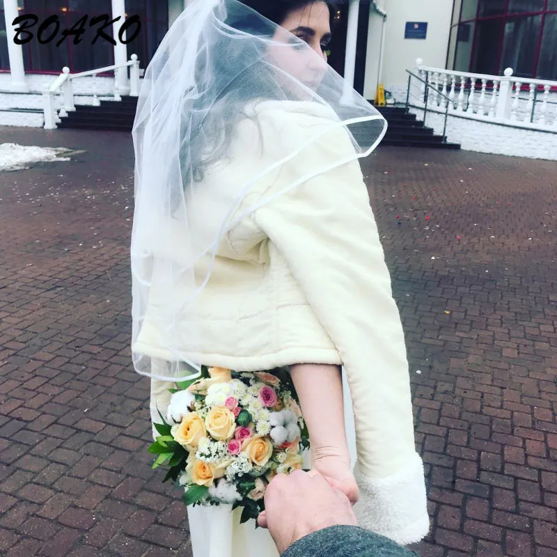 

BOAKO 150CM Short Wedding Veils with Comb One Layer Ribbon Edge Tulle Bridal Veil White/Ivory Cheap Wedding Accessories 2019 New
