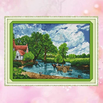 

JoySunday cross stitch kits needlework set Wading in a river Lake Hut Scene 14CT 11CT cotton painting gift art factory wholesale