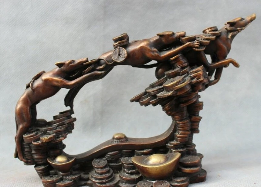 

10" Chinese Pure Bronze 3 Hurtling Leopard Panther On RuYi YuanBao Coin Statue