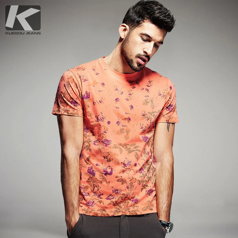 KUEGOU Summer Mens Fashion T Shirts Flower Print Orange Brand Clothing