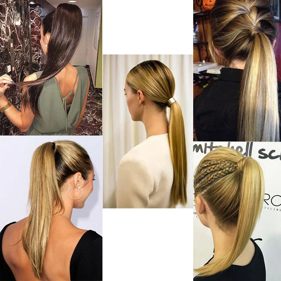 24'' Long Straight Ponytail Clip In Hair Synthetic Hair Extension Wrap on Pony Tail Fake Hair Pieces AOSIWIG