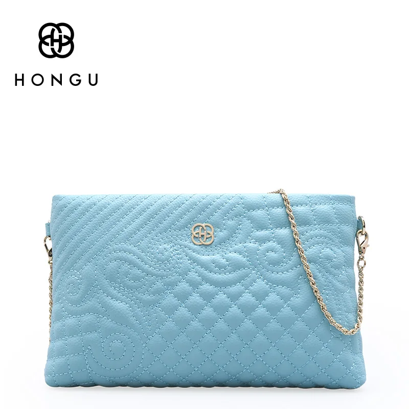 HONGU роскошный кожаный вечерняя сумка из натуральной коровьей кожи женская сумка почтальона через плечо цепь бизнес кошелек функциональная пляжная сумка для хранения - Цвет: Light BlueH5130221