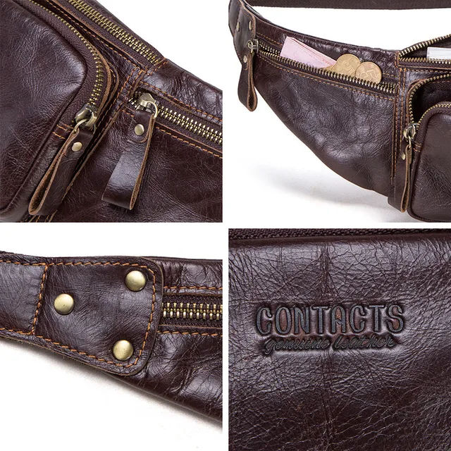 CONTACT'S Cow Leather Men Waist Bag New Casual Small Fanny Pack Male Waist Pack For Cell Phone And Credit Cards Travel Chest Bag 6