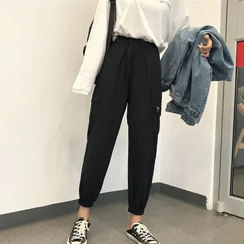 

2019 Spring Streetwear Ladies Cargo Pants Women Casual Joggers Harajuku Solid Big Pocket Pants High Waist Loose Female Trousers