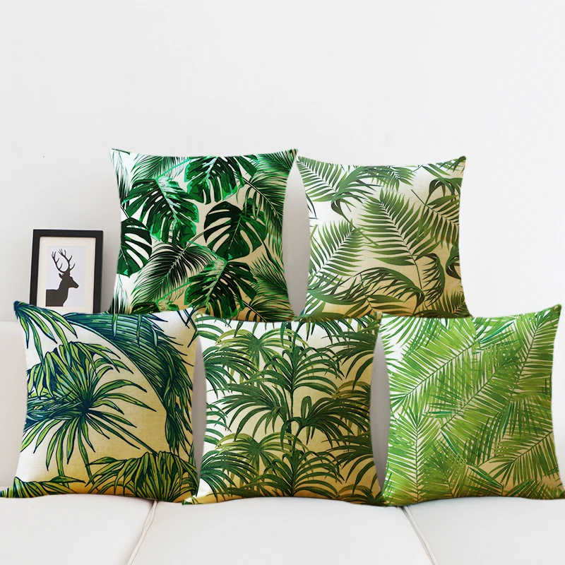 Green Leaves Cushion Covers Tropical Plants Cactus Pineapple Palm Leaf