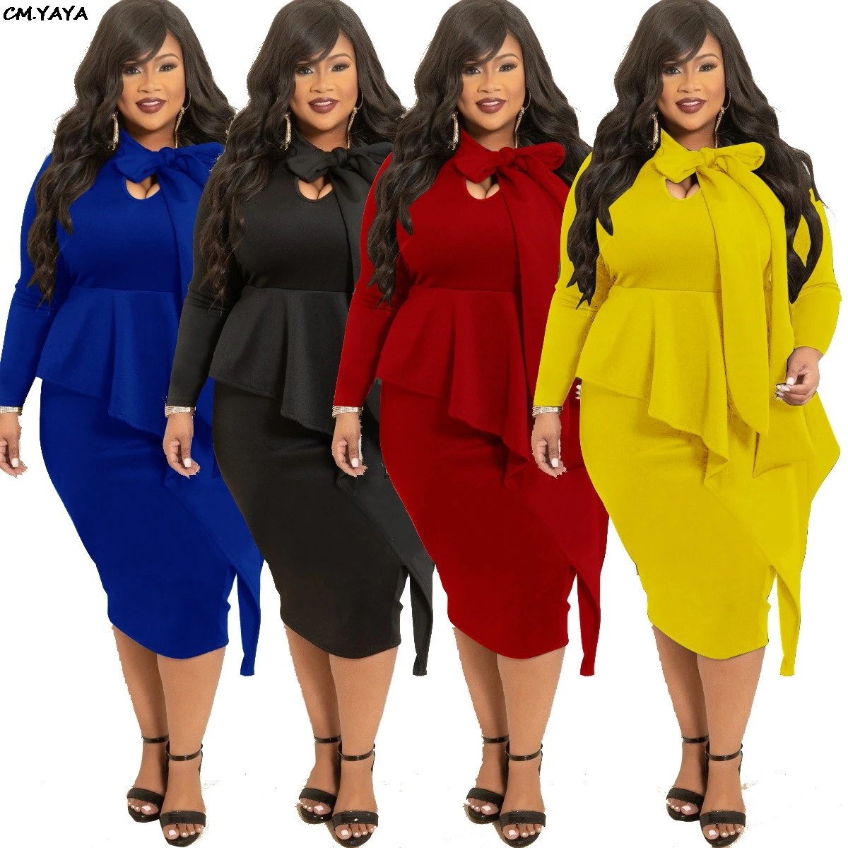 

2019 women tie up bow neck irregular ruffles splicing bodycon knee length dress office lady plus size midi dresses XL-5XL D1052
