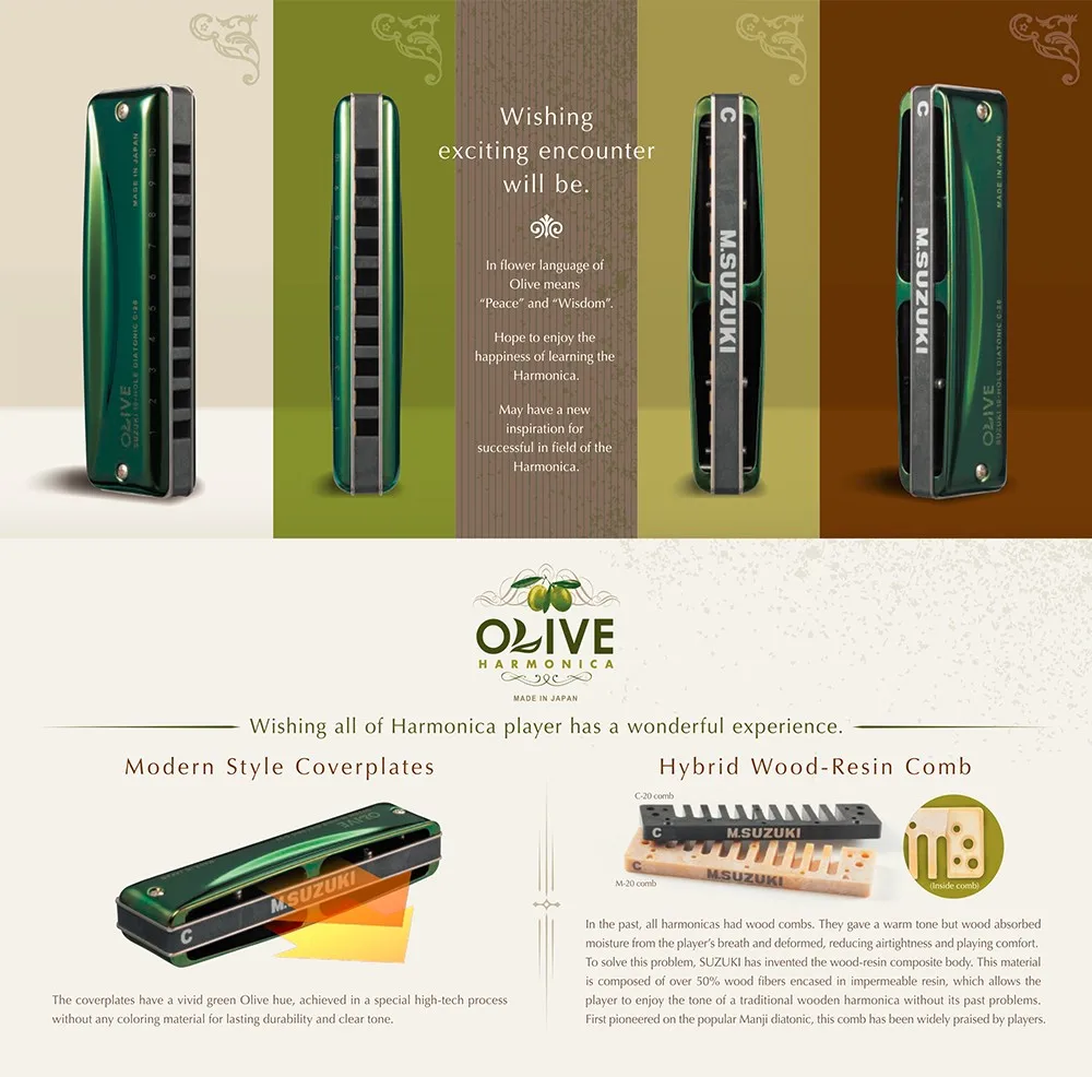 Suzuki C-20 Olive 10-Hole Diatonic Harmonica зеленый Professional Blues Diatonic Harp10 отверстия музыкальный инструмент [Выберите свой ключ]