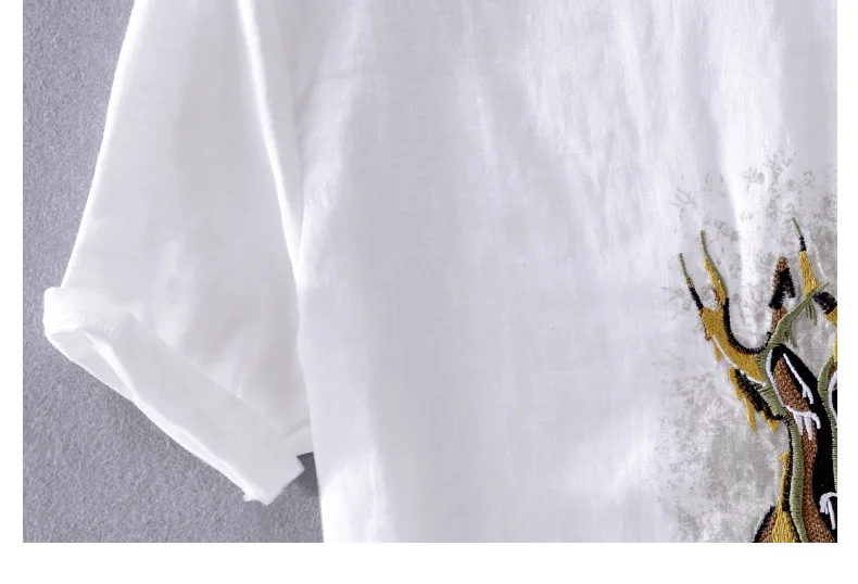 Летняя Мужская Новая повседневная белая льняная футболка с коротким рукавом, японская модная мужская футболка с вышивкой, модные топы, Мужская сорочка