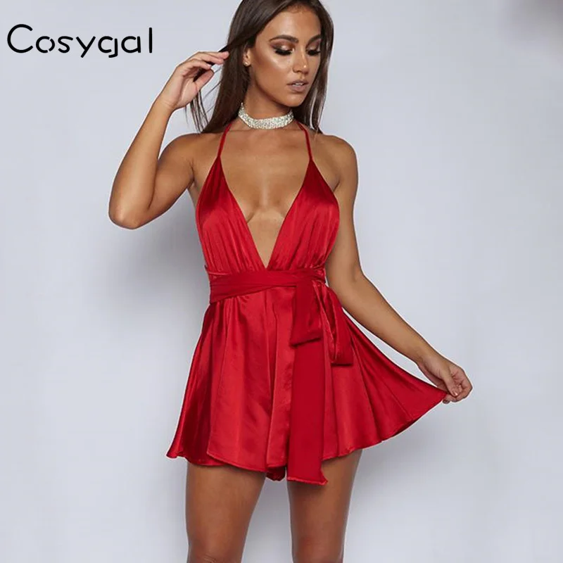 

COSYGAL Summer Sexy Spaghetti Strap Backless Playsuits Women 2018 Fashion V Neck Sashes Romper Overalls Solid Casual Jumpsuit
