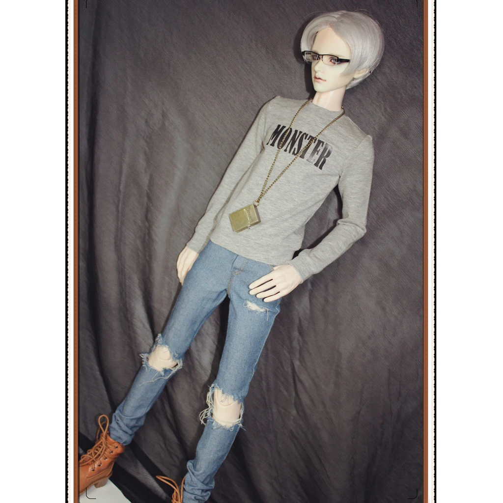 Fashion 1/3 BJD Long Sleeve Tshirt Ripped Jeans Set Outfit Clothes Accessory for Normal 70cm Uncle Size Doll