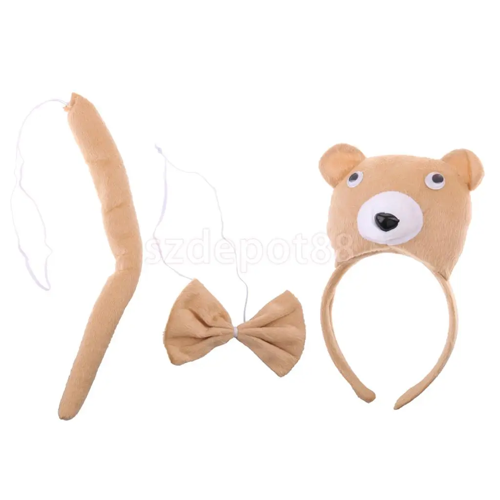 Set of 3pcs Birthday Girls Boys Kids Cartoon Bear Bee Monkey Costume Set Headband Bowtie Tail Fancy Dress Party Accessories