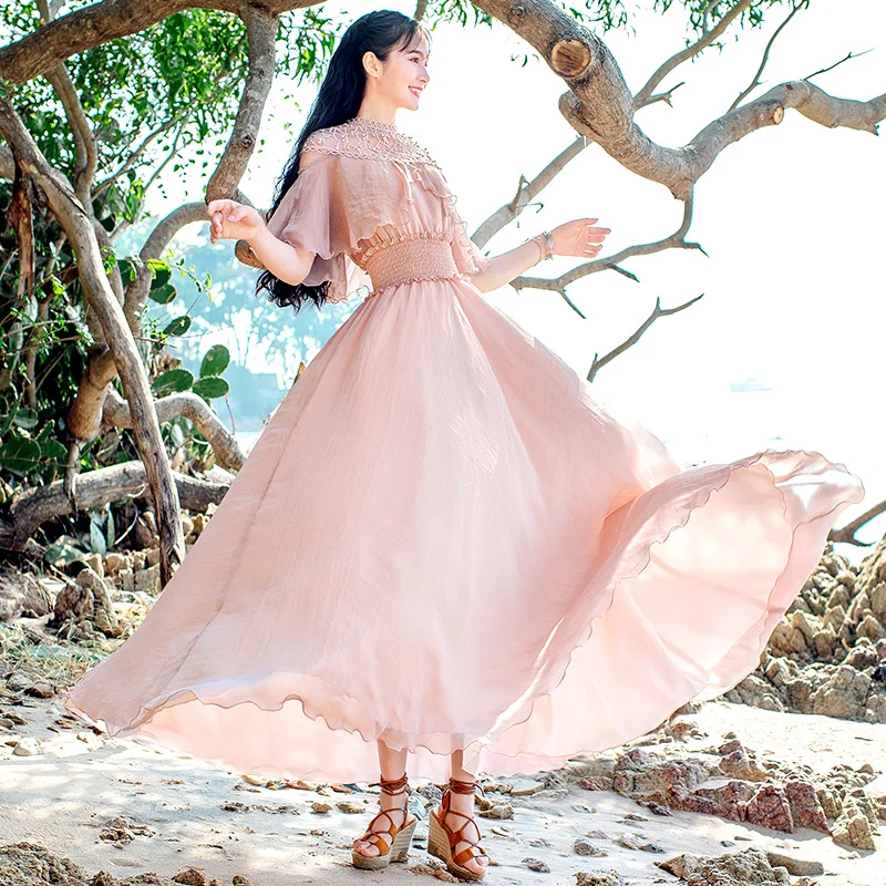 Gratis Verzending Boshow 2019 Chiffon En Kant Nieuwe Zomer Vintage Elastische Taille Lange Maxi Mouw S-L Roze Ruches Jurken Voor vrouwen Gratis Verzending Boshow 2019 Chiffon En Kant Nieuwe Zomer Vintage Elastische Taille Lange Maxi Mouw S-L Roze Ruches Jurken Voor vrouwen