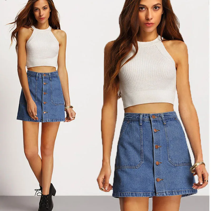

New Style Womens ladies A-line Jeans short Skirt Button High Waist Denim Skirt harajuku mini high jeans Women