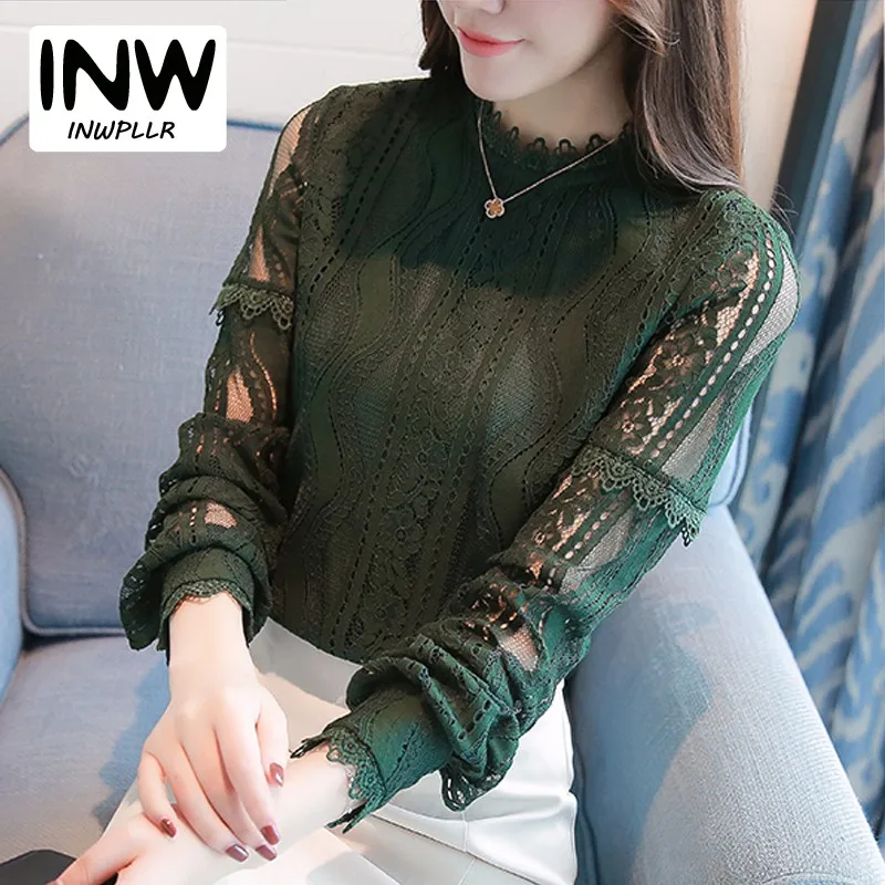 

2019 New Arrival Women Tops Fashion Green Lace Blouse Autumn Long Sleeve Plus Size Shirts Hollow Out Renda Blusas Femininas