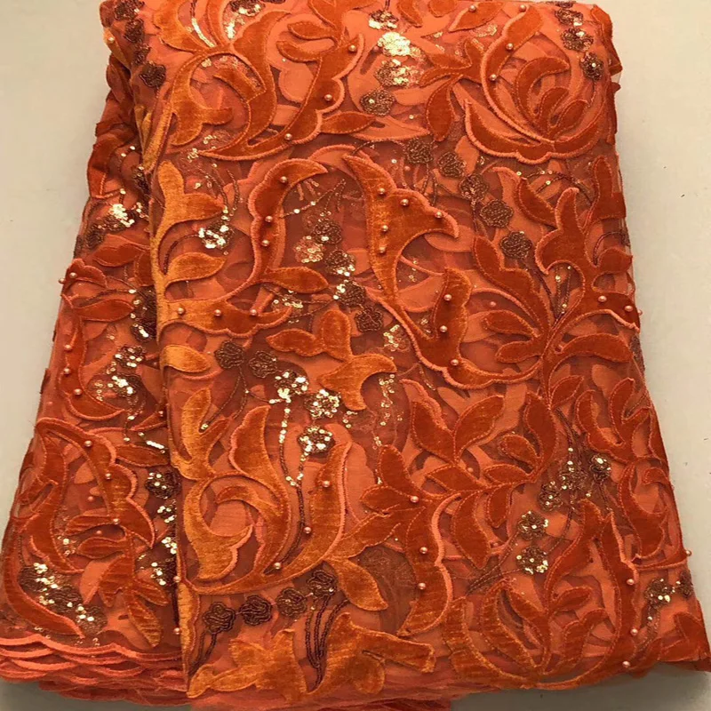 

8 colors fashion orange African velvet French net lace fabric soft and smooth with sequins and beads for party dress FXS016
