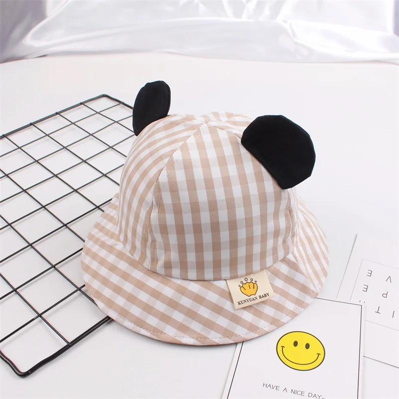 5Striped Baby Sun Bucket Hat Toddler Infant Boy Girl Black Ears UV Protection Basin Caps Cotton Breathable Fashion Grid Hat for Summer