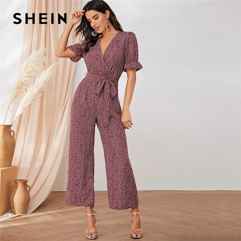 

SHEIN Elegant Wrap Front Ditsy Floral Wide Leg Belted Jumpsuit Women Summer Autumn Short Sleeve High Waist V Neck Boho Jumpsuits