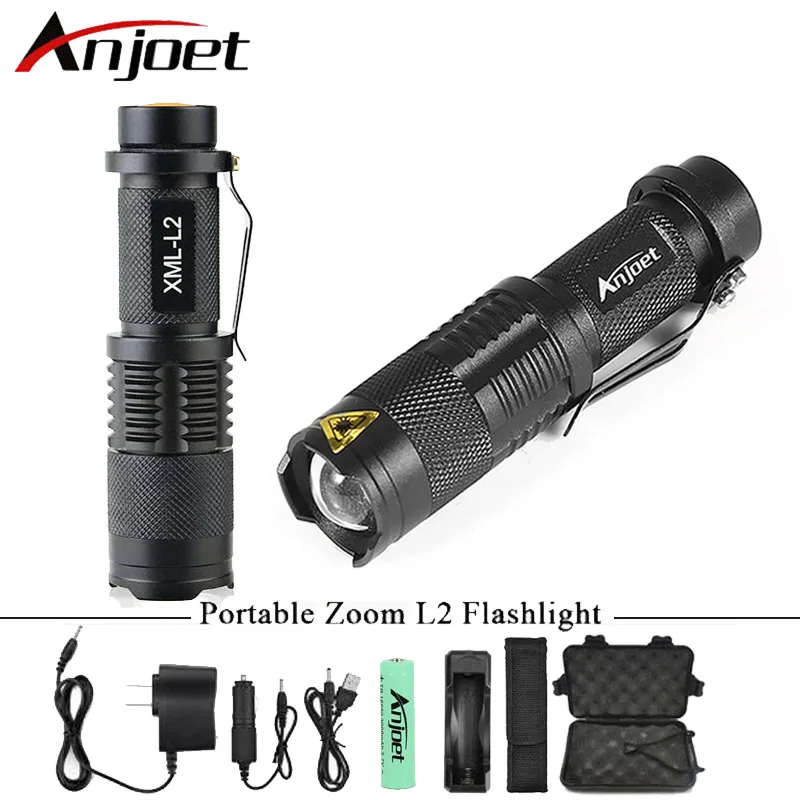 Anjoet ультра яркий светодиодный фонарь cree xml t6 l2 водонепроницаемый с аккумулятором