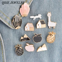 QIHE JEWELRY 1 Set pineapple Apple Alpaca Fox Flowers Houses Metal Cute Enamel Pin Fashion Accessories